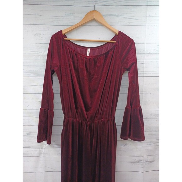 MTS Velvet Jumpsuit Burgundy Red Long Sleeve Stretch Sz L Straight Leg - Picture 2 of 7